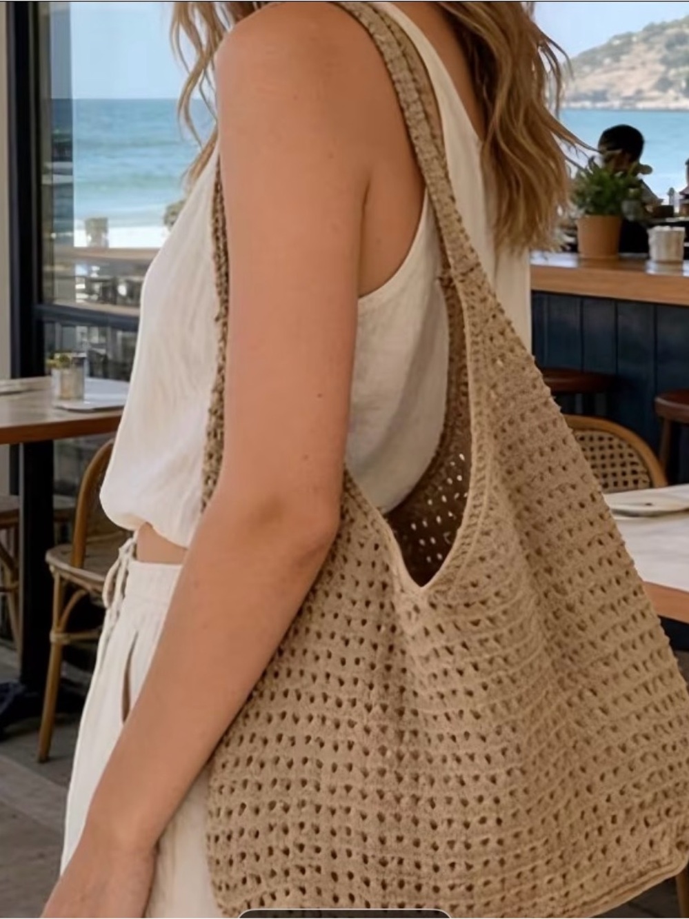 Beige Crochet Market Tote Bag - Stylish Everyday Shoulder Bag